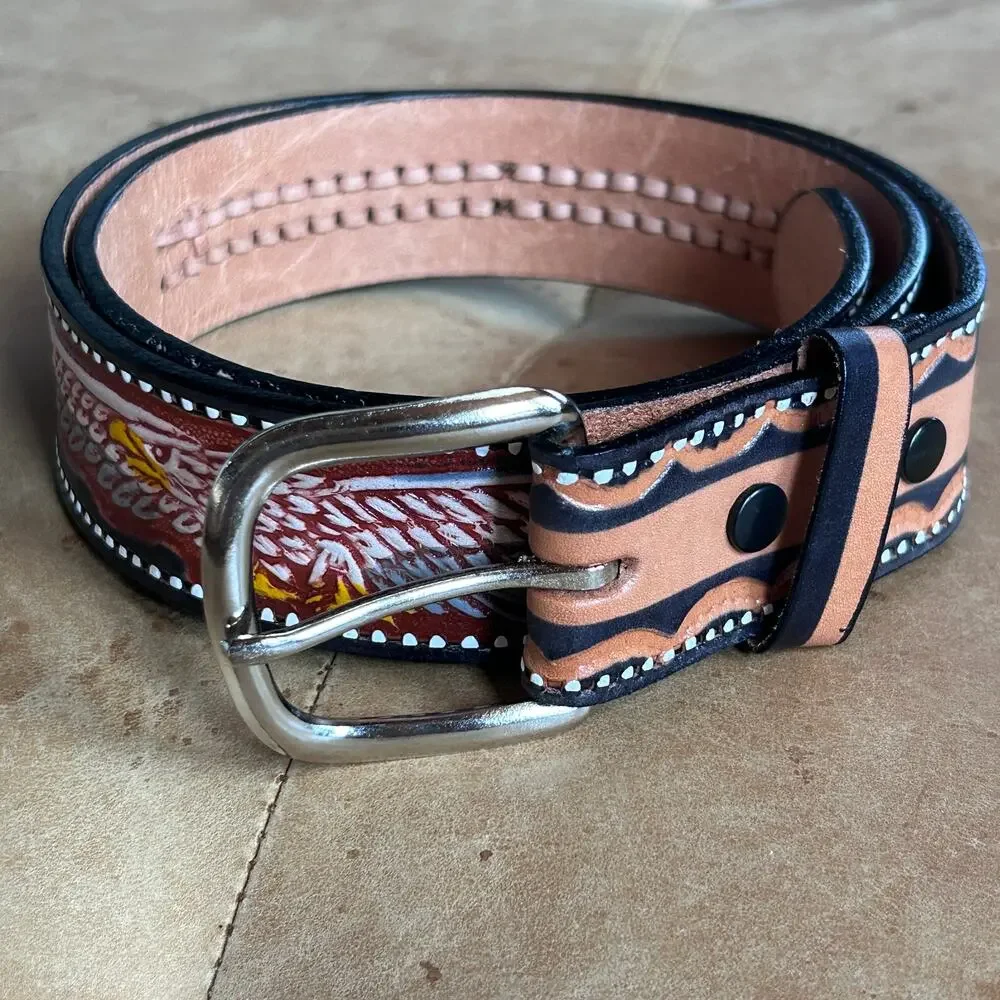 Hand Tooled Eagle Leather Belt Mens 36 Western Woven Cowboy Removable Buckle